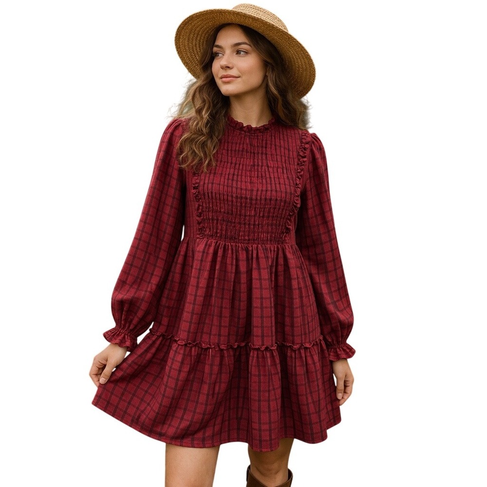 ODDY Women's Plaid Printed Smocked Bust Long Sleeve Babydoll Mini Dress Size S